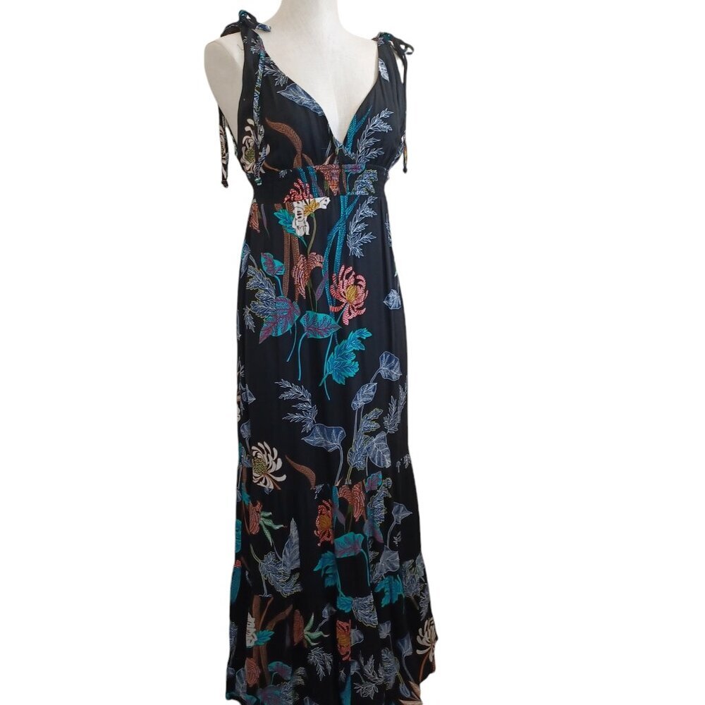 Lovestitch Black Tropical Floral Smocked Empire Waist Tie Strap Tier Maxi Dress